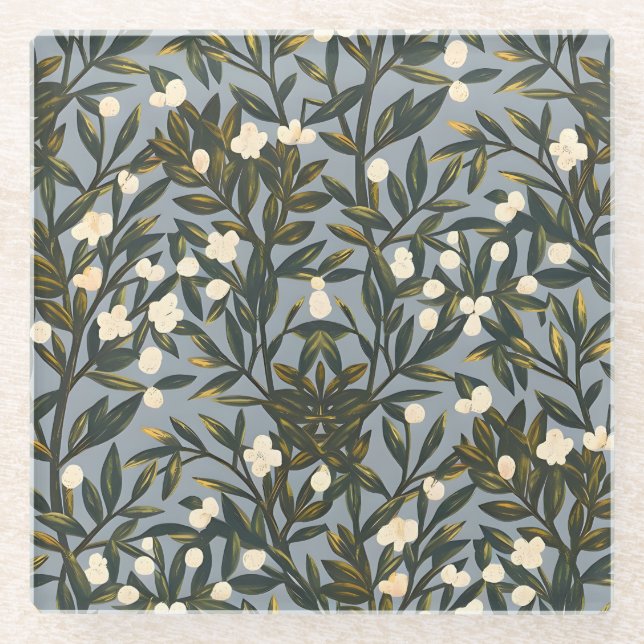 Floral pattern on  dusty blue-gray background glasuntersetzer (Vorderseite)