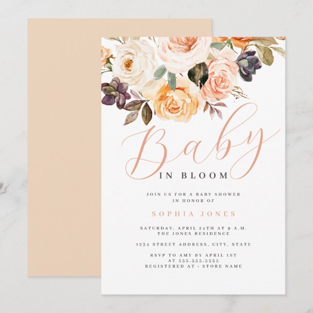 Floral Peach Baby in Bloom Baby Dusche Einladung (Vorne/Hinten)