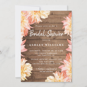 Floral Peach Dahlia Rustic Wood Brautparty Einladung