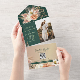 Floral Peach Emerald Green Wedding All In One Einladung