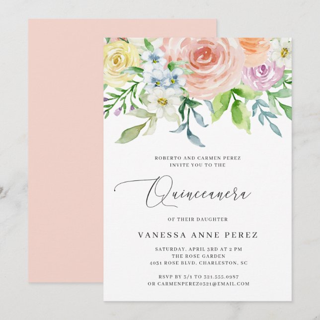 Floral Peach Wassercolor Quinceañera Einladung (Vorne/Hinten)