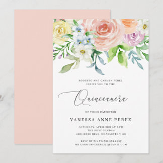 Floral Peach Wassercolor Quinceañera Einladung