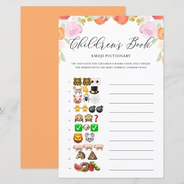 Floral Peaches Emoji Pictionary Baby Showspiel (Vorne/Hinten)
