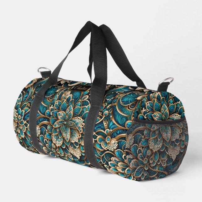Floral Peacock Blue Mandala Duffle Bag (Rechte Ecke)