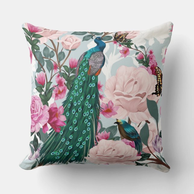 Floral Peacock Land Wasserfarbengeplättchen Kissen (Vorderseite)