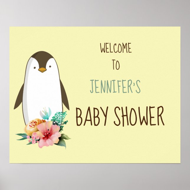 Floral Penguin individualisierbares Baby Duschzeic Poster (Vorne)