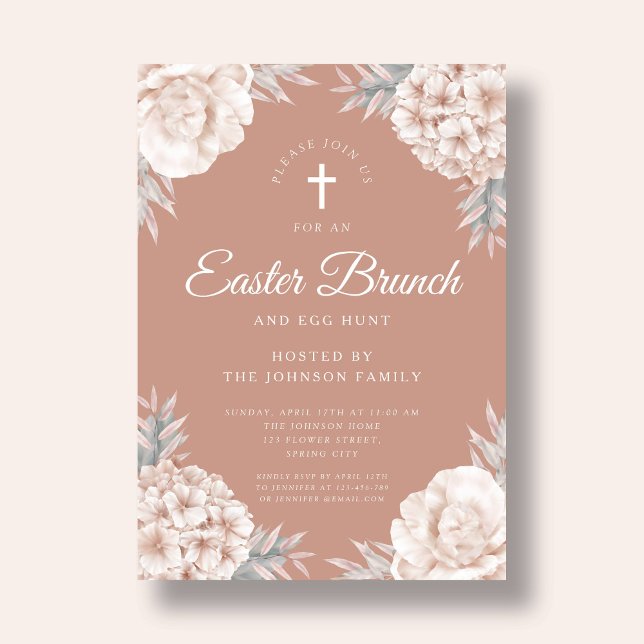 Floral Peonies Religious Cross Oster Brunch Einladung (Floral Peonies Religious Cross Easter Brunch Invitation)