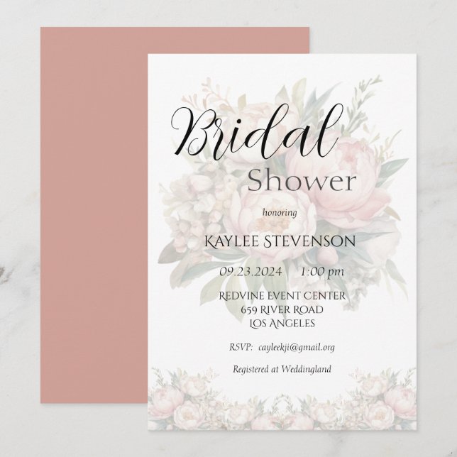 Floral Peonies rose nuptiale Invitation (Devant / Derrière)