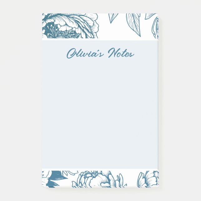 Floral Peony Blue Post-it Klebezettel (Vorderseite)