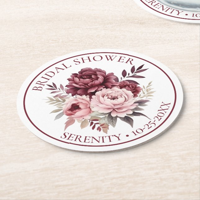 Floral Peony Burgundy Pink Peonies Brautparty Runder Pappuntersetzer (Angewinkelt)
