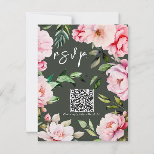 Floral Peony Magnolia Green Wedding QR RSVP Karte