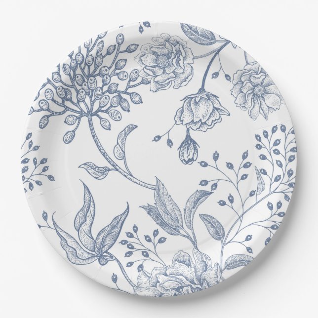 Floral Periwinkle Blue Elegante Hochzeitsdusche Pappteller (Vorderseite)