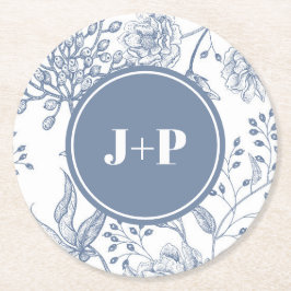 Floral Periwinkle Blue Monogram Wedding Runder Pappuntersetzer