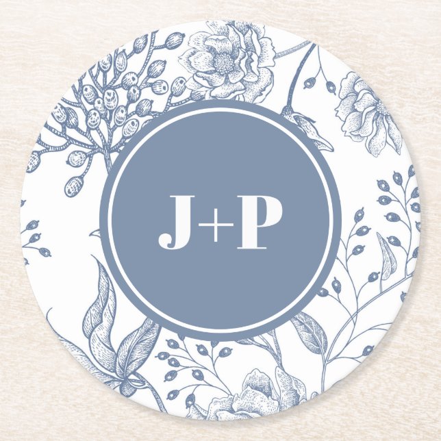 Floral Periwinkle Blue Monogram Wedding Runder Pappuntersetzer (Vorderseite)