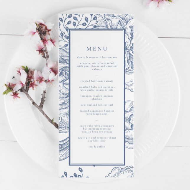Floral Periwinkle Elegante Wedding Empfang Menu Menükarte (Von Creator hochgeladen)