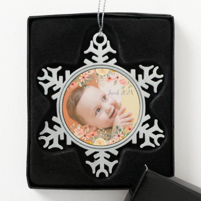 Floral Personalisiert Daughter Son Grandchild Foto Schneeflocken Zinn-Ornament (Box)