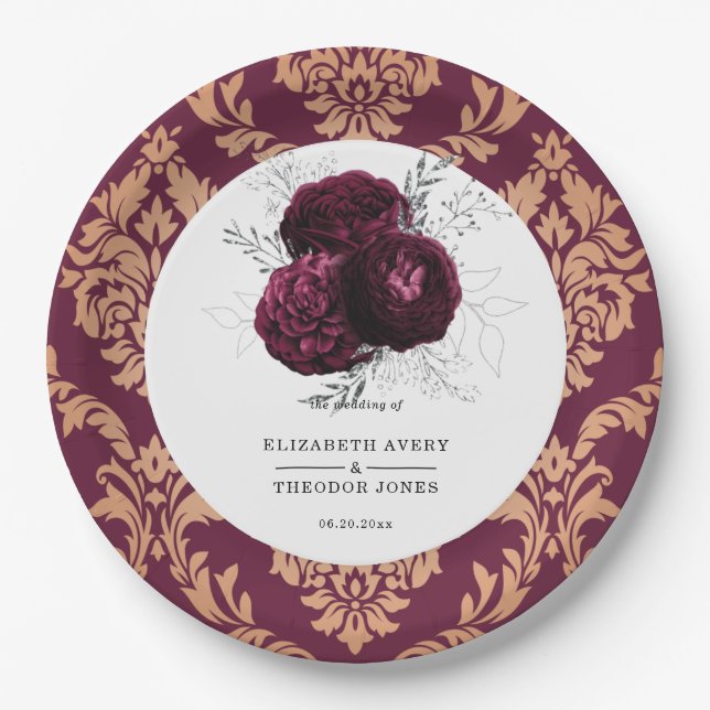 Floral Personalisiert Wedding Burgundy Napkins Pappteller (Vorderseite)
