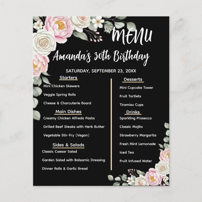Floral Personalized Birthday Menu Program Card Flyer (Vorne)