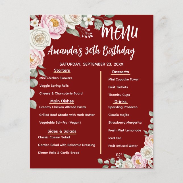 Floral Personalized Birthday Menu Program Card Flyer (Vorne)