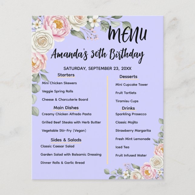 Floral Personalized Birthday Menu Program Card Flyer (Vorne)