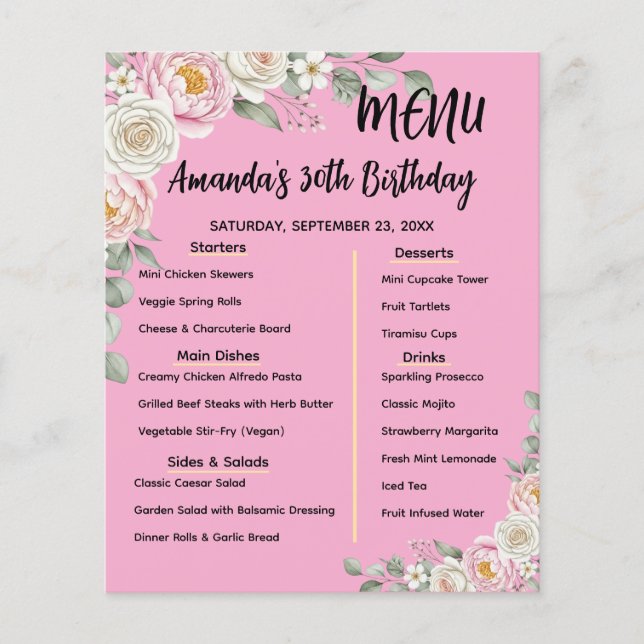 Floral Personalized Birthday Menu Program Card Flyer (Vorne)