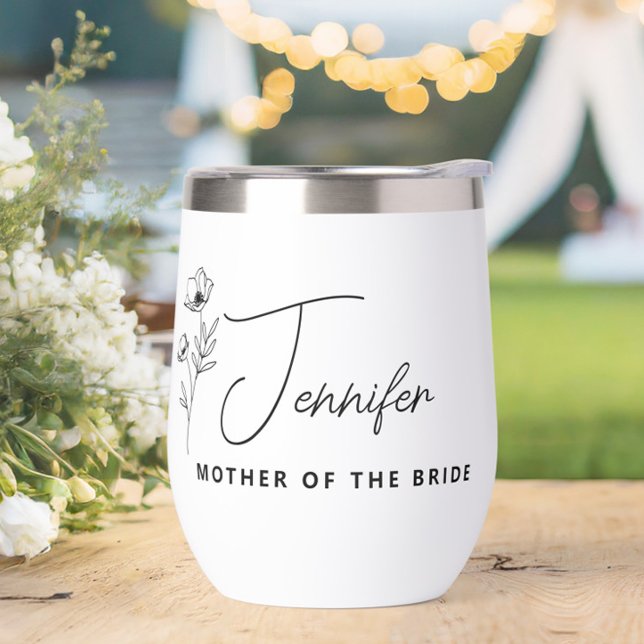 Floral Personnalisé Mère de la mariée (mother of the bride,wine tumbler with name,wildflower floral stemless wine glass,)