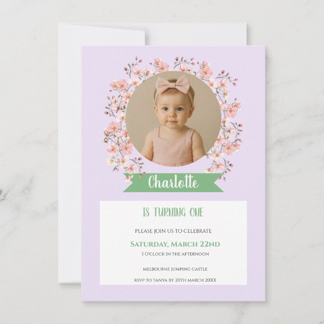 Floral Photo Birthday Invitation for Girl Dankeskarte (Vorderseite)