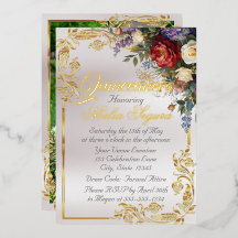 Floral, Photo & Gold Frame - Pearl Quinceanera 