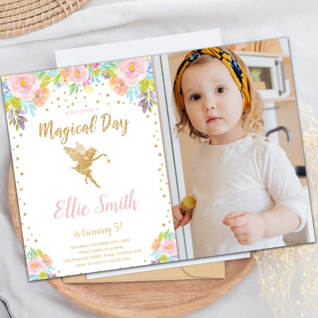 Floral Photo Magique Fée Anniversaire Invitations (Floral Photo Magical Fairy Birthday Invitations)