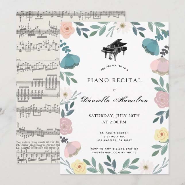 Floral Piano Weißer Erwägungsgrund Einladung (Vorne/Hinten)