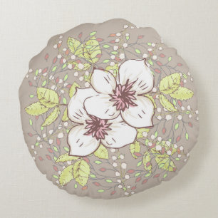 Floral Pillow Design Tan & White Rundes Kissen