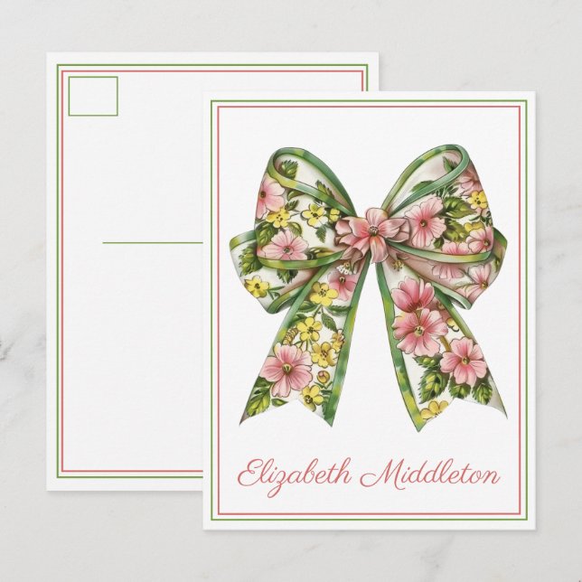 Floral Pink and Green Watercolor Bow Personalized Postkarte (Vorne/Hinten)