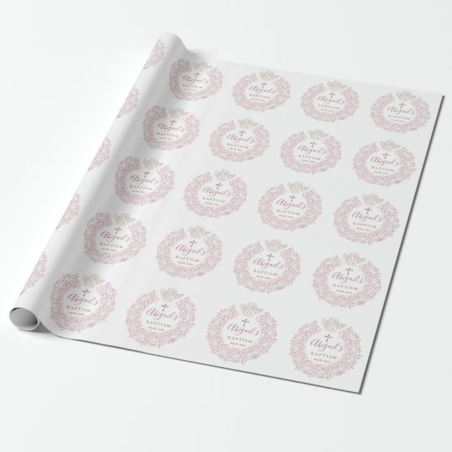 Floral Pink Baby Angel Cross Taufe Geschenkpapier (Ungerollt)