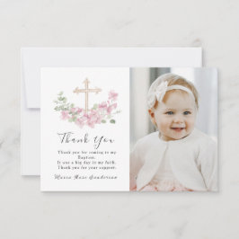 Floral Pink Baptism Cross Thank you Photo Card Dankeskarte
