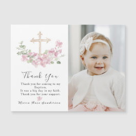 Floral Pink Baptism Cross Thank you Photo Magnet