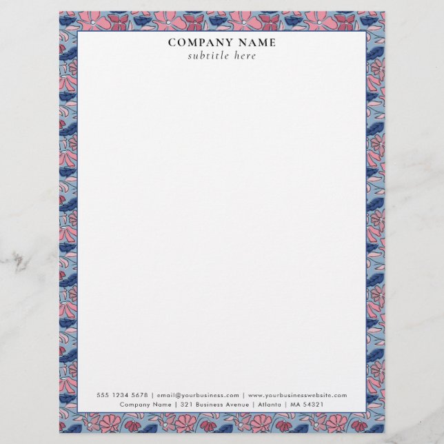 Floral Pink Blue Pattern Company Name Details Briefbogen (Vorderseite)