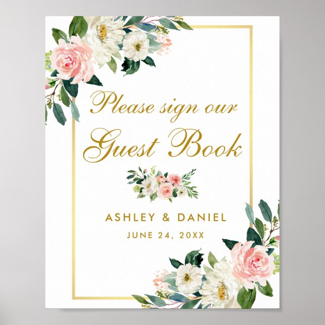 Floral Pink Blush Wedding Gold Gästebuch (Vorne)