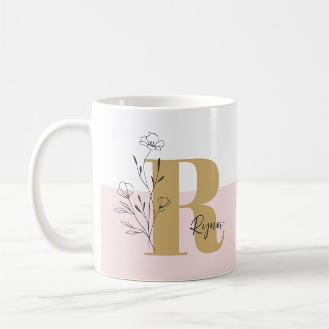 Floral Pink Bold Monogramm Name Kaffeetasse (Links)