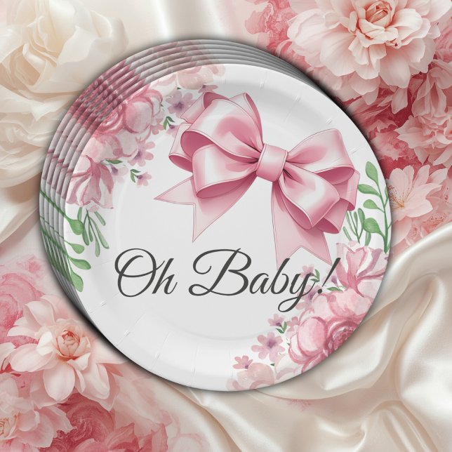 Floral Pink Bow Babydusche Pappteller (Von Creator hochgeladen)