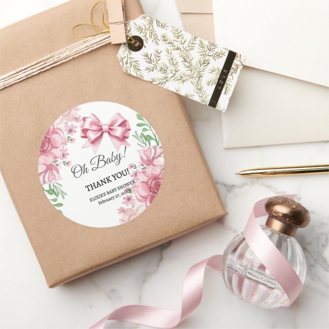 Floral Pink Bow Babydusche Runder Aufkleber (Schenken)