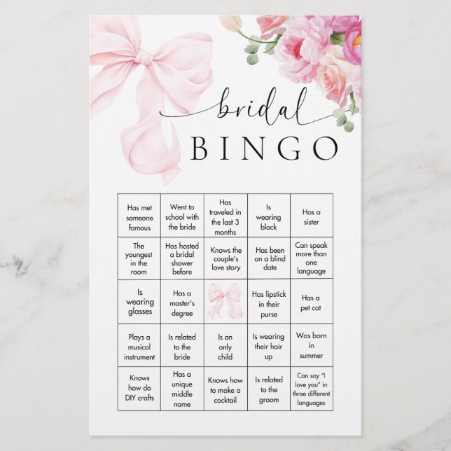 Floral Pink Bow Brautparty Bingo Game Briefpapier (Vorderseite)