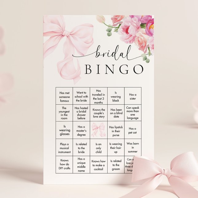 Floral Pink Bow Brautparty Bingo Game Briefpapier (Von Creator hochgeladen)