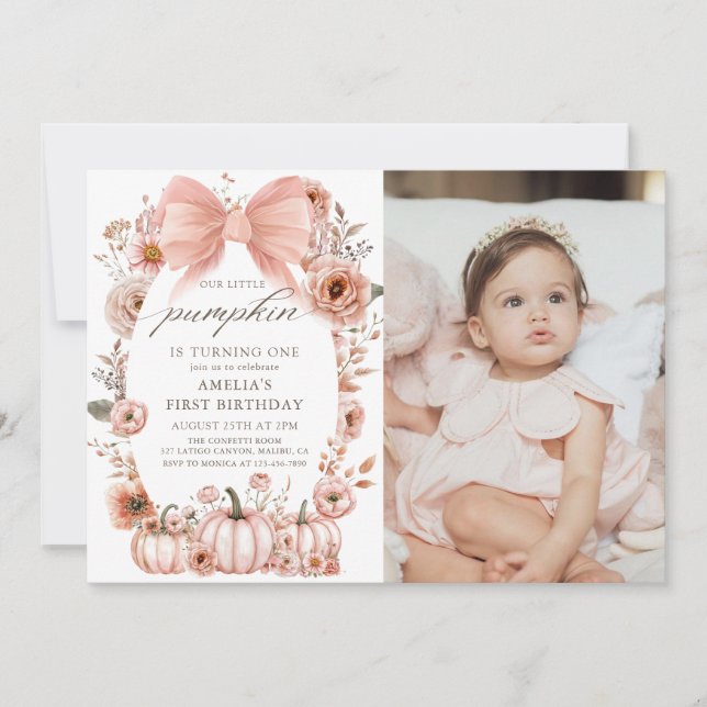 Floral Pink Bow Little Pumpkin Birthday Foto Einladung (Vorderseite)