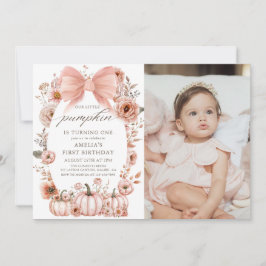 Floral Pink Bow Little Pumpkin Birthday Foto Einladung