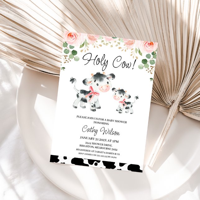 Floral Pink Bows Heilige Kuh Baby Dusche Einladung (Pink Floral Holy Cow Baby Shower Invitation, Pink Bows Cow Calf Baby Shower Invitation Baby Girl)