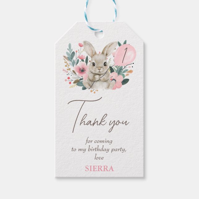 Floral Pink Bunny Birthday Danke Geschenkanhänger (Vorderseite)