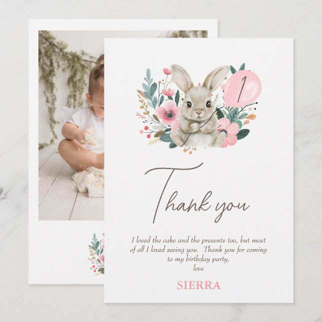 Floral Pink Bunny Birthday Danke Karte (Vorne/Hinten)