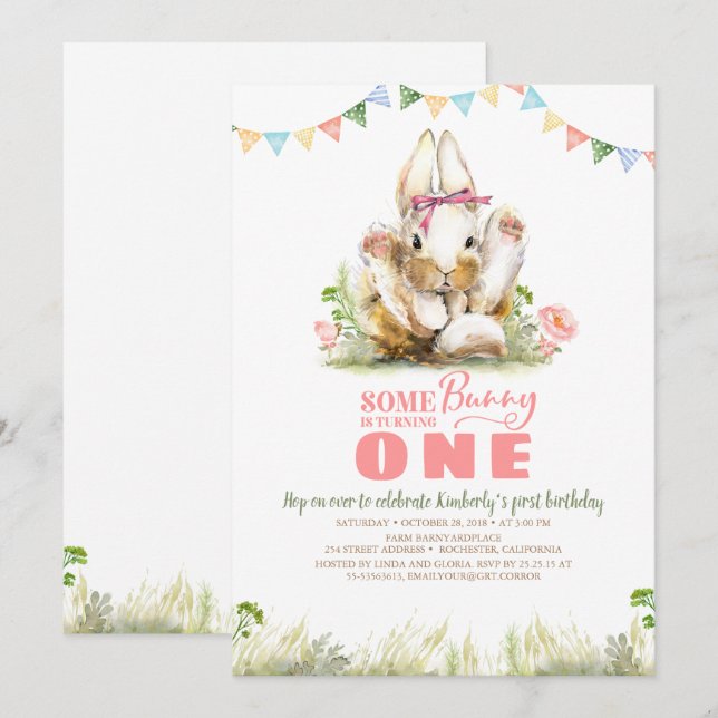 Floral Pink Bunny Girls Invitation Anniversaire (Devant / Derrière)