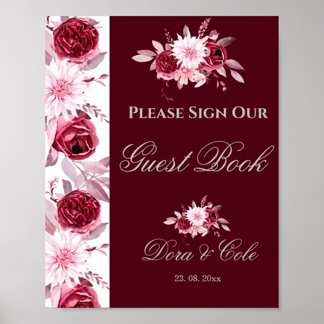 Floral Pink Burgundy Wedding Guest Book Poster (Vorne)