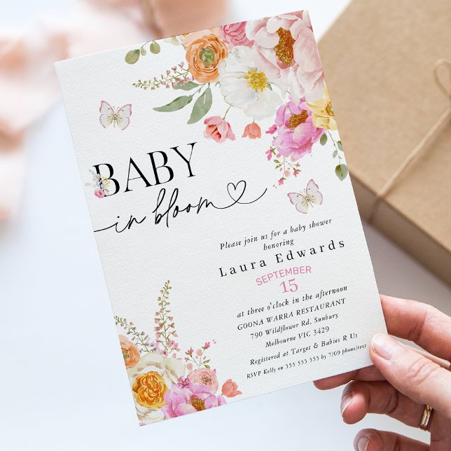 Floral Pink Butterflies Baby In Bloom Baby Shower Einladung (Baby in Bloom Baby Shower Invitation, Baby in Bloom Invitation, In Bloom Baby Shower Invitations,)